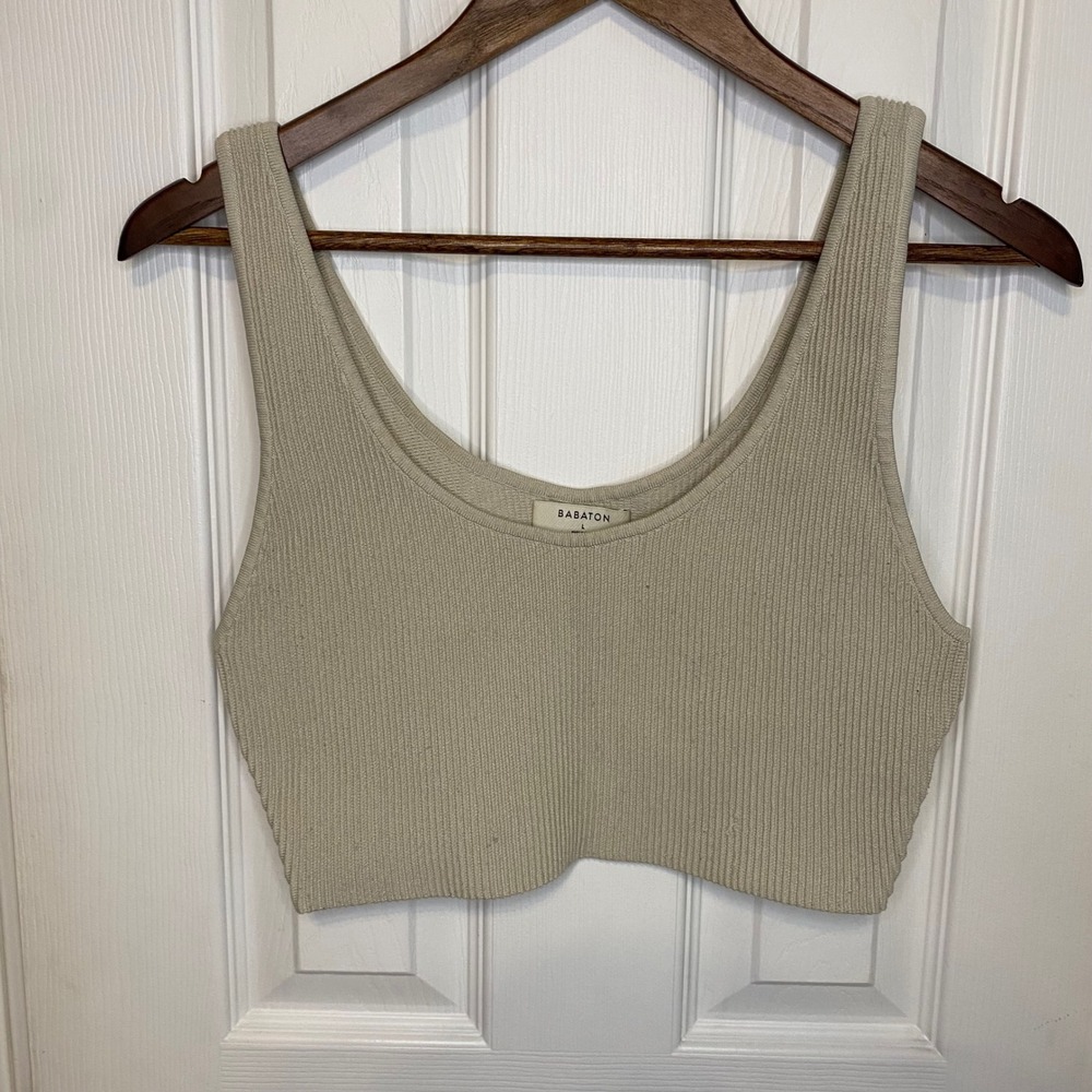 Babaton Sculpt Knit Cropped Tank Top Beige Ribbed Scoop Neck Large
